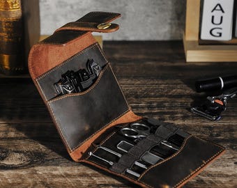 Trousse de manucure en cuir | Pochette à outils de toilettage faite main en cuir nubuck huilé | Organiseur magnétique de soin des ongles | Support de trousse de manucure de voyage