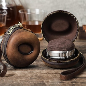 Estuche de cuero para reloj hecho a mano / Estuche de viaje para un solo reloj / Estuche de cuero Crazy Horse con forma de donut para reloj / Estuche portátil vintage para reloj / Regalo para él