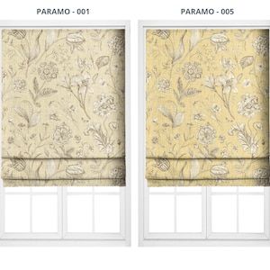May include: Two window treatments with floral patterns. The left window treatment is a light beige with a beige floral design. The right window treatment is a light yellow with a beige floral design. The text "PARAMO - 001" and "PARAMO - 005" are at the top.
