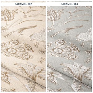 May include: Two fabric samples with floral patterns. One is beige with brown floral designs, the other is light gray with brown floral designs. The fabric features detailed illustrations of flowers, leaves, and stems. The text "PARAMO - 002" and "PARAMO - 004" is visible.