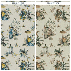 May include: Two fabric panels with a repeating pattern featuring figures in traditional Asian attire, pagodas, butterflies, and foliage in shades of blue, yellow, and green on a cream background. The text "TAURUS - 002" and "TAURUS - 004" are visible at the top.