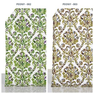 May include: Two fabric samples with a damask pattern. The sample on the left is white with green and purple floral designs. The sample on the right is white with brown and green floral designs. The text "PEONY - 002" and "PEONY - 003" are at the top.