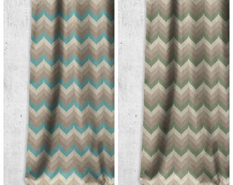 Dimout Chevron Striped Curtains. Custom Pinch Pleat Light Blocking Window Drapes. Any Length/ Width Drapery | Green/ Blue/ Gray | Lagos