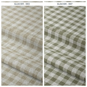 May include: Two fabric samples with a checkered pattern. The sample on the left is a light beige and white, and the sample on the right is green and white. The text "GLACIER - 003" and "GLACIER - 007" are printed at the top of each sample.