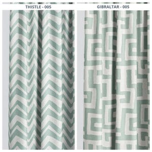 Aqua Blue Chevron/ Zig-Zag/ Greek Key Maze Print Custom Window Curtains & Drapes. Pinch Pleat Drapery. Blackout Add-On. Gibraltar/ Thistle