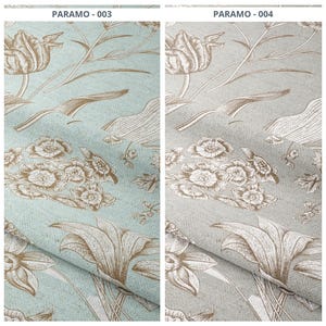 May include: Two fabric samples with floral patterns. One is a light blue with brown and white floral designs, the other is gray with brown and white floral designs. The text "PARAMO - 003" and "PARAMO - 004" are visible.