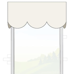 Könnte beinhalten: Ein boardmontierter, wellenförmiger Fensterbehang in neutralem Cremefarbton. Der Behang hat einen wellenförmigen Rand und ist über einem Fenster angebracht. Der Fensterrahmen ist weiß, und der Blick durch das Fenster zeigt eine Landschaft mit Bäumen und Hügeln.