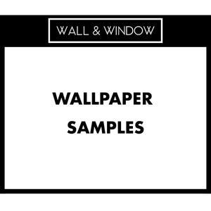 May include: A black and white image featuring the text "WALL & WINDOW" at the top, above the words "WALLPAPER SAMPLES" in bold, black letters. The text is centered on a white background.