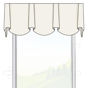 May include: A board mounted Sheffield valance in a solid off-white color featuring three distinct scalloped sections with vertical pleats. The text BOARD MOUNTED SHEFFIELD VALANCE is displayed at the top of the illustration above the window treatment.