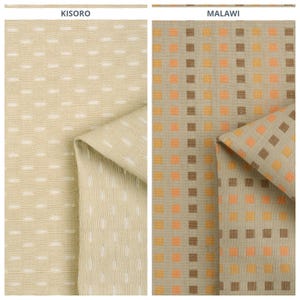 May include: Two fabric samples. The left sample, labeled "KISORO", features a beige background with a repeating pattern of horizontal lines and oval-shaped perforations. The right sample, labeled "MALAWI", has a tan background with a grid of orange and brown squares.