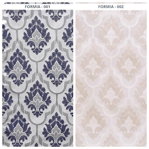 May include: Two fabric samples with a repeating damask pattern. The first sample features a white background with navy blue and gray floral motifs. The second sample has a white background with beige floral motifs. The text "FORMIA - 001" and "FORMIA - 002" are visible.