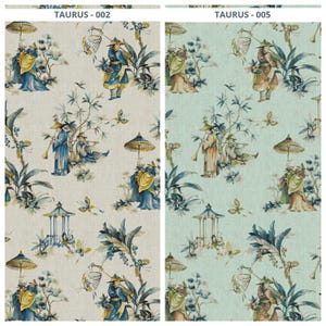 May include: Two fabric panels with a repeating Asian-inspired design. One panel is off-white with blue, yellow, and green accents. The other is light green with similar colours. The design features figures, pagodas, butterflies, and foliage.