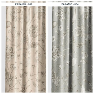May include: Two floral patterned curtain panels. One panel is beige with a detailed botanical design in shades of brown and gray. The other panel is gray with a similar floral pattern in white and gray. The text "PARAMO - 002" and "PARAMO - 004" is visible.