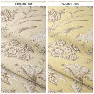 May include: Two fabric samples with floral patterns. The left sample is beige with brown floral designs, including tulips, lilies, and other flowers. The right sample is yellow with brown floral designs. The text "PARAMO - 001" and "PARAMO - 005" are visible.