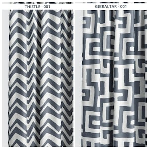 Navy Blue Chevron/ Zig-Zag/ Greek Key/ Maze Print Custom Pinch Pleat Curtains. Lined Window Drapes. Blackout Add-On. Thistle/ Gibraltar