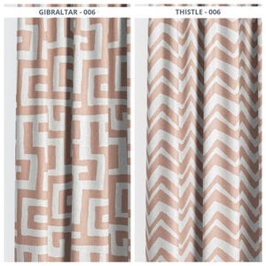 May include: Two patterned curtains. One features a geometric maze design in white and a muted reddish-brown. The other curtain has a zigzag pattern in the same colors. The text "GIBRALTAR - 006" and "THISTLE - 006" are visible.