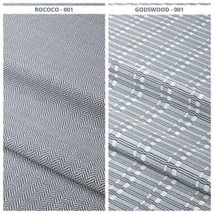 May include: Two fabric samples. The left sample, labeled "ROCOCO - 001", features a dark blue and white herringbone pattern. The right sample, labeled "GODSWOOD - 001", displays a gray and white grid-like design with subtle stripes.