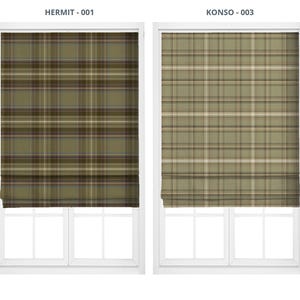 May include: Two window treatments with plaid patterns. The left window treatment is labeled "HERMIT - 001" and features a dark green, brown, and white plaid. The right window treatment is labeled "KONSO - 003" and has a lighter green and brown plaid.