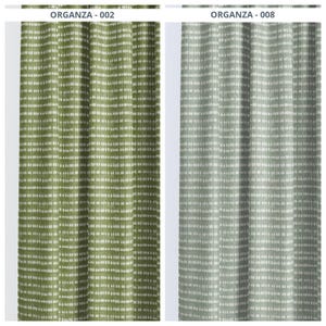 May include: Two vertical panels of fabric with a textured, dotted pattern. The left panel is olive green, and the right panel is a muted gray-green. The text "ORGANZA - 002" and "ORGANZA - 008" are at the top of each panel. These are likely curtains or drapery.