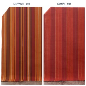 May include: Two rectangular fabric swatches labeled Linyanti-001 and Yamini-001. The left swatch features vertical stripes in shades of orange, brown, and cream. The right swatch displays a textured red surface with thin, vertical, dotted lines.
