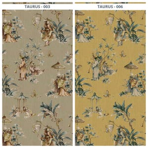 May include: Two fabric samples featuring an Asian-inspired pattern. One is a muted green, the other a mustard yellow, both with figures in traditional dress, pagodas, and butterflies. The text "TAURUS - 003" and "TAURUS - 006" are at the top.