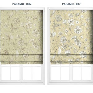 May include: Two window treatments with floral patterns. The left window treatment has a beige background with brown and white floral designs. The right window treatment has a beige background with white floral designs. Both are in white window frames.