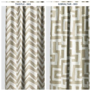 Chevron/ Zig-Zag/ Greek Key Maze Print Custom Pinch Pleat Lined Curtain & Window Drapes. Blackout Add-On | Beige/ White | Gibraltar/ Thistle