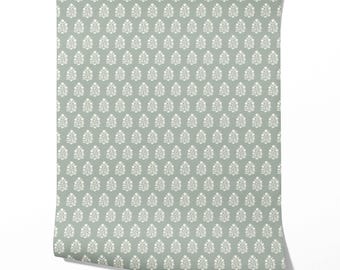 Floral Blockprint Wallpaper. 2 Colors. Vintage Botanical Patterned, Extra Wide Roll. Non-Pasted, Traditional Wallpaper. Blue/ Green-Gray
