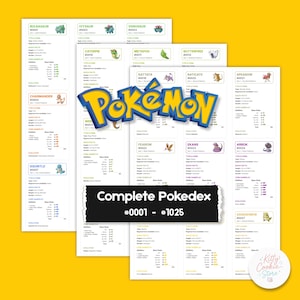 Puede incluir: Varias páginas blancas con información de personajes Pokémon, incluyendo imágenes y estadísticas. El logo de Pokémon está en el centro, con las palabras "Complete Pokedex" y los números #0001 - #1025.