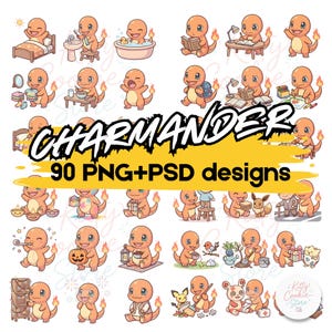May include: A collection of 90 PNG and PSD designs featuring the orange Charmander character in various poses. Charmander is shown in scenes such as reading, bathing, and playing. The word "Charmander" is written in a bold, stylized font.