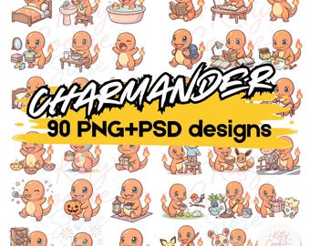 Kawaii Charmander Illustration Bundle, Pokemon Stickers, 90 PNG + PSD Designs (Digital Download)