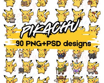 Kawaii Pikachu Illustration Bundle, Pokemon Stickers, 90 PNG + PSD Designs (Digital Download)