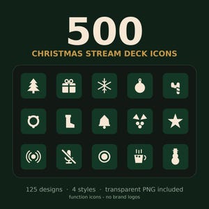 Peut inclure: Une collection numérique de 500 icônes de Noël pour Stream Deck avec des symboles festifs comme des sapins, des flocons et des boules. L'ensemble comprend 125 designs en 4 styles, fournis en fichiers PNG transparents avec des icônes de fonction.