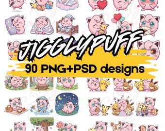 Kawaii Jigglypuff Illustration Bundle, Pokemon Stickers, 90 PNG + PSD Designs (Digital Download)