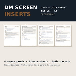 May include: Four white rectangular DM screen inserts with black text, featuring headers for Combat, Conditions & Skills, Exploration, and Checks, Saves & Recovery. The top text reads DM SCREEN INSERTS 2014 + 2024 RULES LETTER + A4 5E COMPATIBLE.