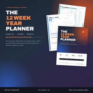 May include: A 52-page printable planner titled The 12 Week Year Planner with the subtitle Execute, Score, Repeat. The document includes a 12 Week Scoreboard and a Week 01 Plan page. The design features a dark blue and orange gradient background.