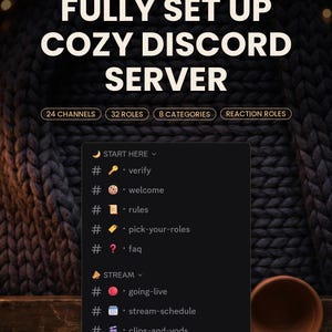 Könnte beinhalten: Eine digitale Grafik für einen vollständig eingerichteten, gemütlichen Discord-Server für Streamer und Communities. Er umfasst 24 Kanäle, 32 Rollen, 8 Kategorien und Reaktionsrollen. Der Text zeigt eine Kanalliste mit verify, welcome und rules.
