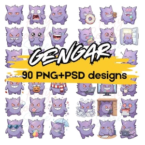 Puede incluir: Una colección de 90 diseños PNG y PSD con un personaje de dibujos animados púrpura con varias expresiones y poses. La palabra "GENGAR" se muestra en una fuente audaz y estilizada, con una pancarta amarilla detrás.