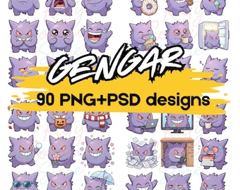 Kawaii Gengar Illustration Bundle, Pokemon Stickers, 90 PNG + PSD Designs (Digital Download)