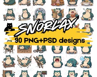 Kawaii Snorlax Illustration Bundle, Pokemon Stickers, 90 PNG + PSD Designs (Digital Download)
