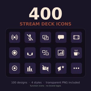 May include: A digital collection of 400 Stream Deck icons featuring 100 designs in 4 styles. The graphic displays a grid of 15 square icons with rounded corners, showcasing various symbols like a microphone, coffee cup, and charts in light beige.