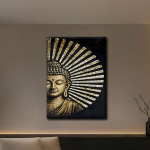 Golden Buddha Canvas Art, Mosaic Style Buddha Wall Decor, Spiritual Meditation Print