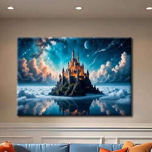 May include: A rectangular wall art print featuring a castle perched on a rocky island above a sea of clouds. The scene includes a dark blue night sky with a nebula, stars, and a crescent moon, with the castle illuminated in warm golden light.