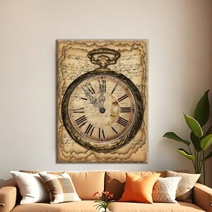 Vintage zakhorloge canvas muurkunst, surrealistische klok kunstafdruk, steampunk woondecoratie