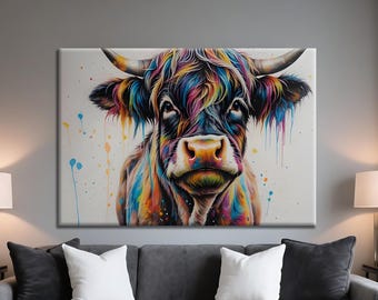 Cuadro de vaca colorida sobre lienzo, póster de ganado escocés para pared, decoración estilo granja bohemia
