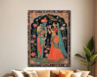 Cuadro de Radha Krishna sobre lienzo, póster de arte tradicional indio, decoración de pared hindú