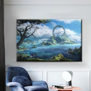 May include: A framed landscape art print depicts a fantasy scene with a blue ocean, green islands, and a large arch structure in the sky. A large tree is on the left side of the print. The artwork is displayed on a white wall.