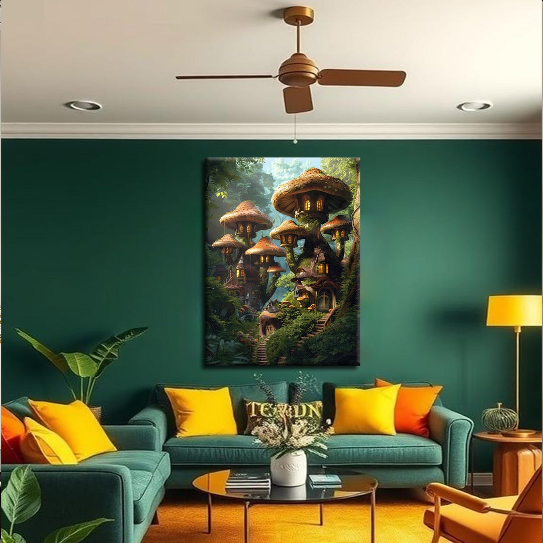 Mushroom House Canvas Wall Art, Enchanted Forest Mushroom Village Print ...