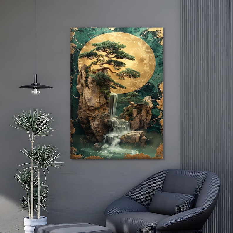 Zen Japanese Garden Digital Canvas Art, Gold Moon and Waterfall Print ...
