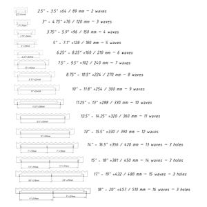 May include: A technical chart displaying black line drawings of wavy-edged strips with varying lengths, wave counts, and hole configurations. Each row includes imperial and metric measurements, such as 2.5" - 3.5" or 64 / 89 mm, detailing 2 to 16 waves.